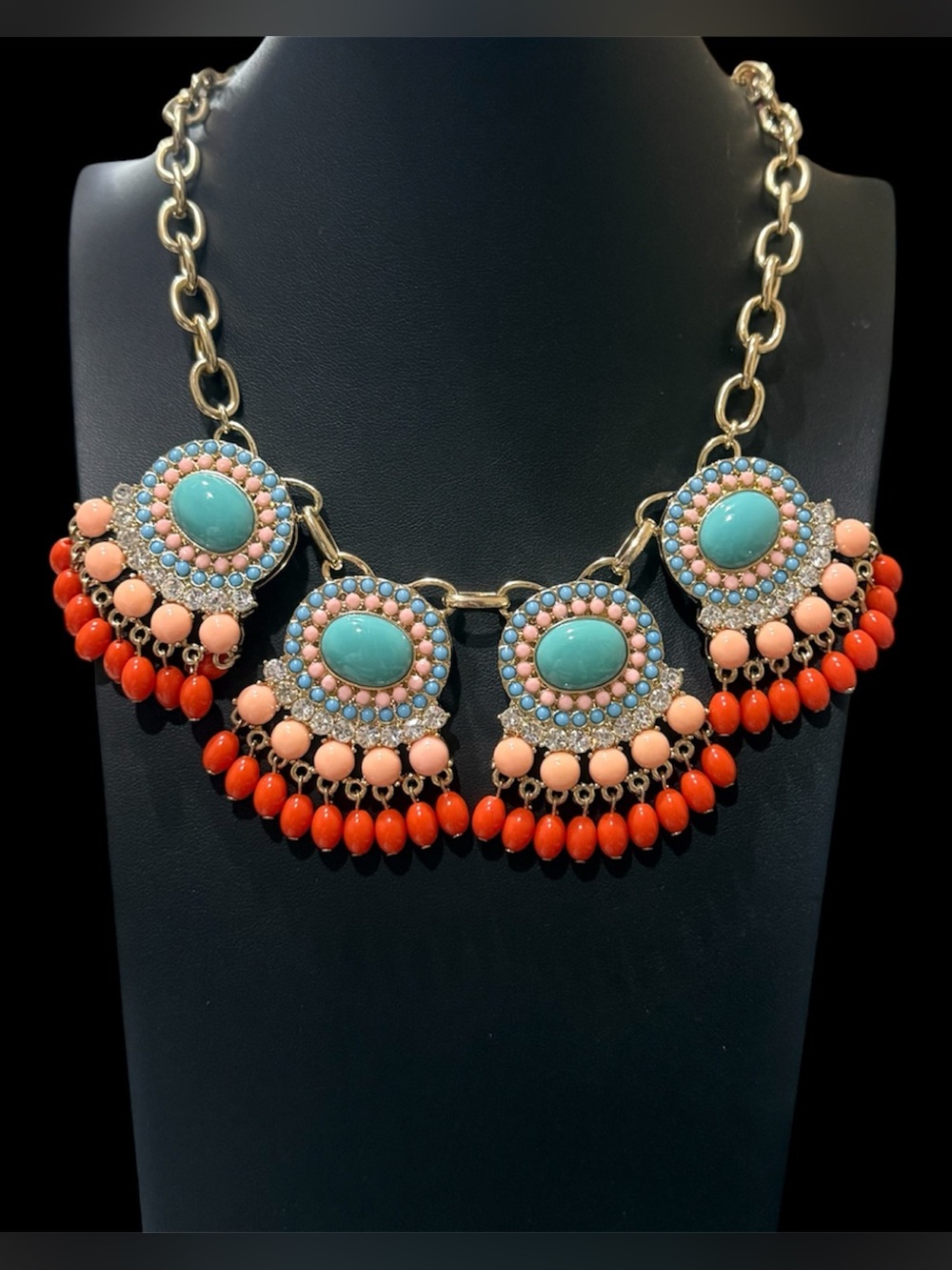Coral Peach & Turquoise Color Gold-Tone Boho Statement Bib Necklace